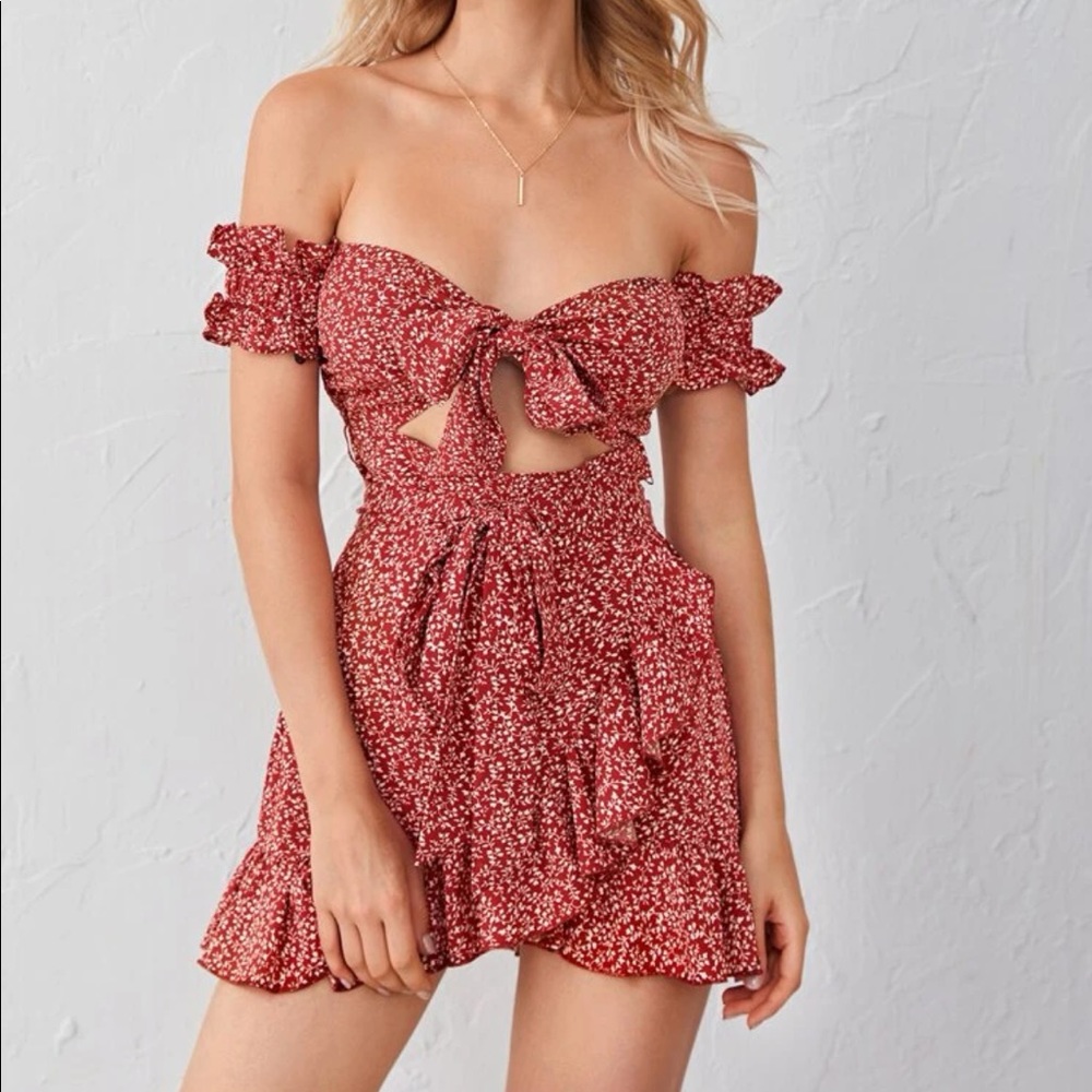 Bohemian Red Floral Off Shoulder Cut Out Ruffle Dress XS S M L XL